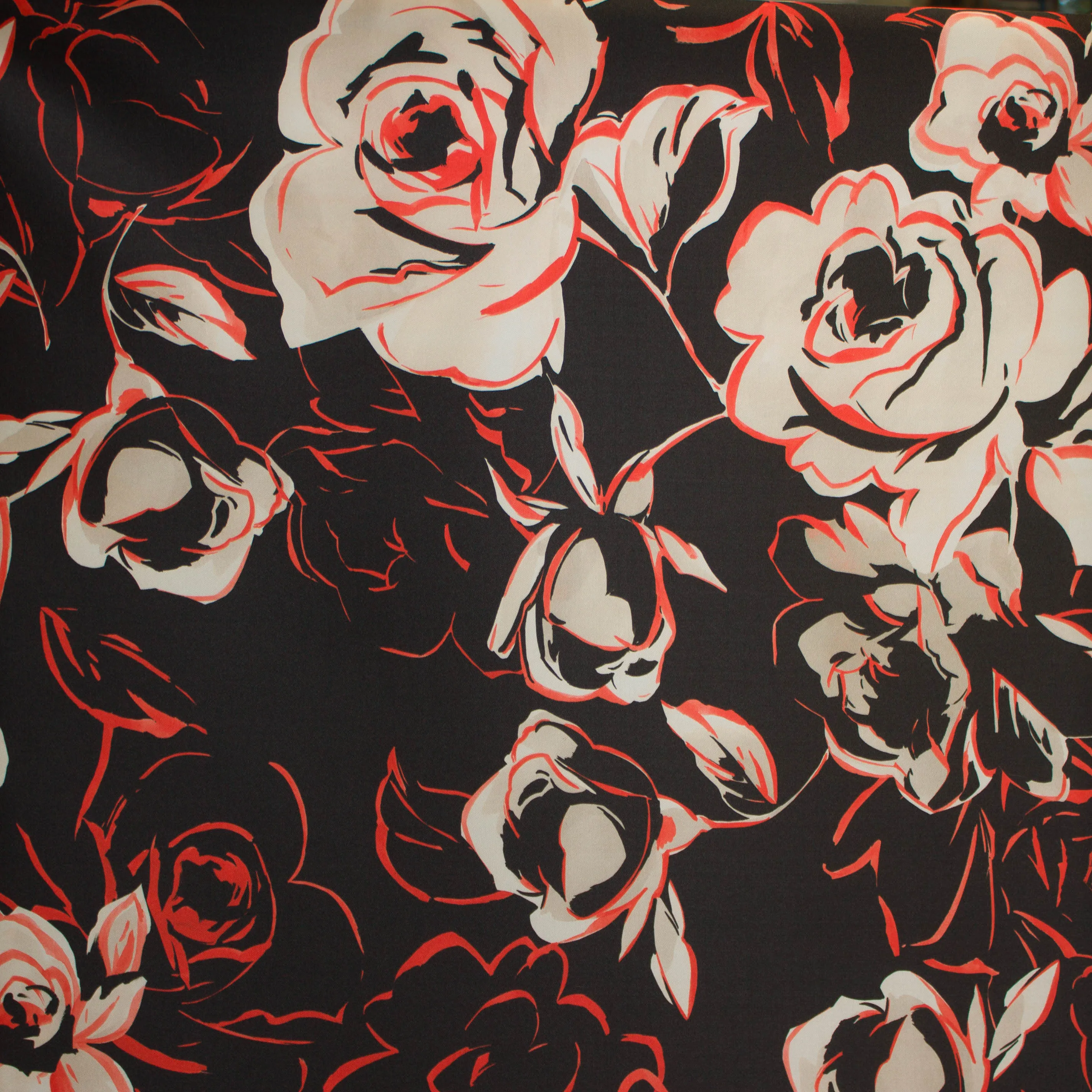 Polyester satijn mikado bruin met rozen en oranje accenten - Lorré